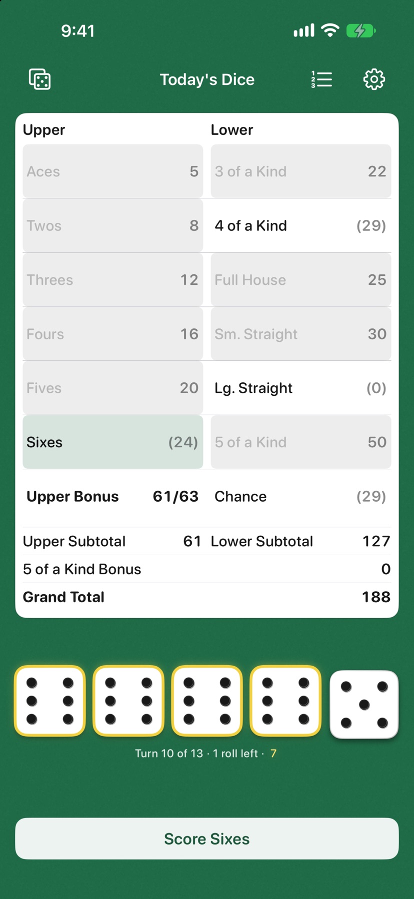 Feltzee Today's Dice on iPhone: in-progress 13-box scorecard with five dice and a 7-day streak on green felt