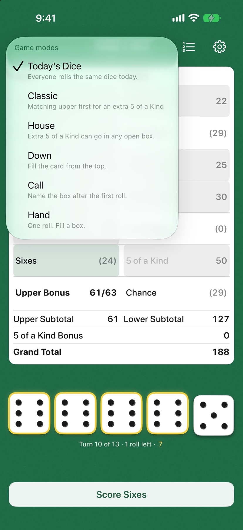 Feltzee game mode menu open over play, listing Today's Dice, Classic, House, Down, Call, and Hand