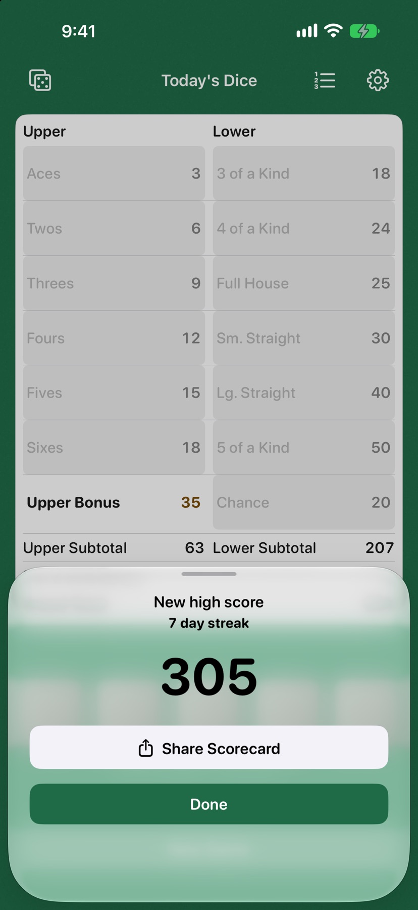Feltzee Today's Dice game over sheet with final score and a 7-day streak
