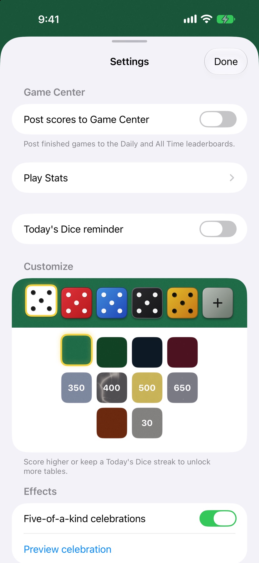 Feltzee settings showing unlockable felt tables with Ember unlocked and Forge locked at a 30-day streak